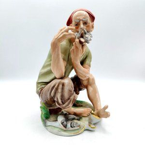 Vintage LIPPER & MANN Porcelain Bisque Fisherman Smoking Pipe Figurine Old Man